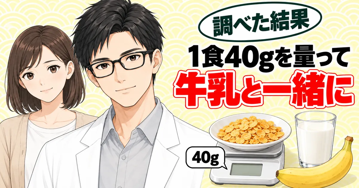 1食40gを量って牛乳と一緒に。キッチンスケールにのせたシリアル、牛乳とバナナ、セイジとナナ