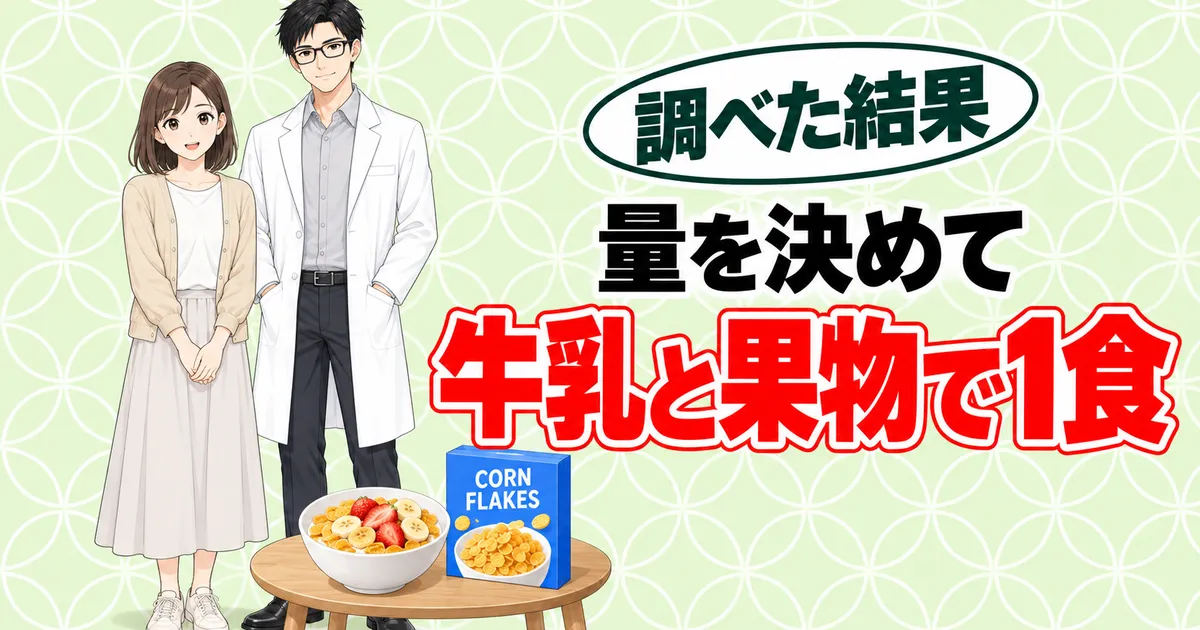 量を決めて牛乳と果物で1食。いちごとバナナをのせたシリアルと箱を前に笑顔のナナとセイジ