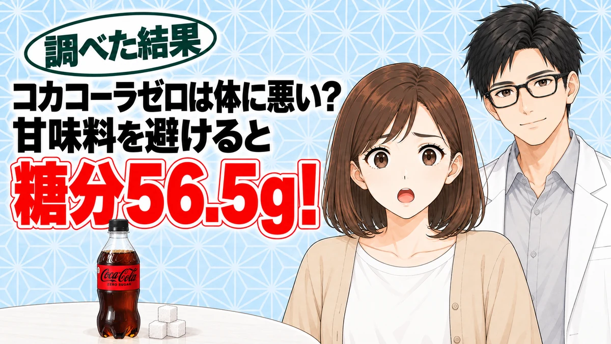 コカコーラゼロは体に悪い?甘味料を避けると500mlで糖分56.5g、とコーラのボトルを前に驚くナナと説明するセイジのアイキャッチ