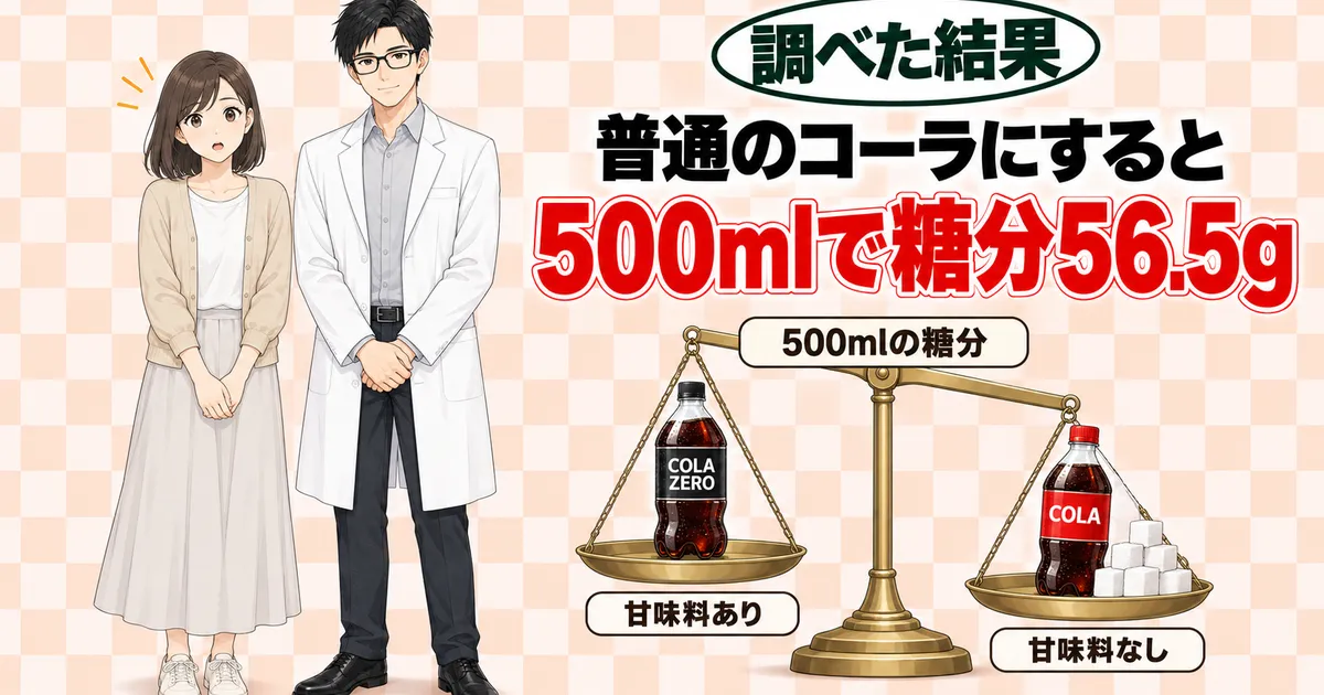 普通のコーラにすると500mlで糖分56.5g。甘味料ありのCOLA ZEROより、角砂糖を乗せた普通のCOLAの皿が下がる天秤と驚くナナ、セイジ