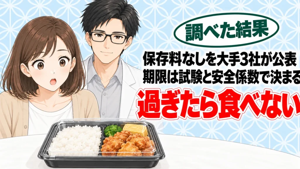コンビニ弁当の消費期限はなぜ長い？大手3社は保存料を使わず、期限は試験で決める、とコンビニ弁当を前に話すナナとセイジのアイキャッチ
