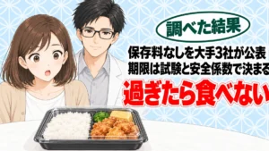 コンビニ弁当の消費期限はなぜ長い？大手3社は保存料を使わず、期限は試験で決める、とコンビニ弁当を前に話すナナとセイジのアイキャッチ