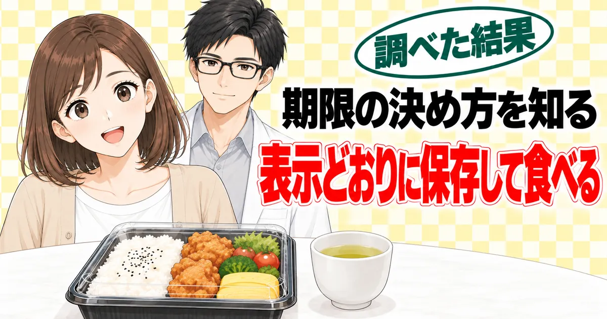 期限の決め方を知り、表示どおりに保存して食べると伝えるナナとセイジのまとめのバナー