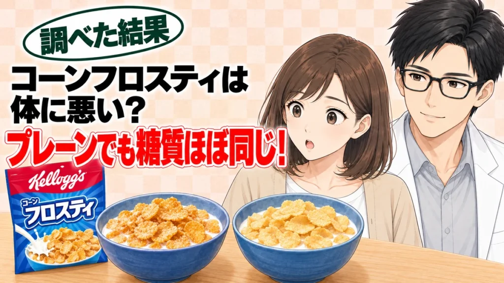 コーンフロスティは体に悪い？プレーンでも糖質ほぼ同じ、とコーンフロスティの袋と2つのシリアルのボウルをのぞき込むセイジとナナのアイキャッチ