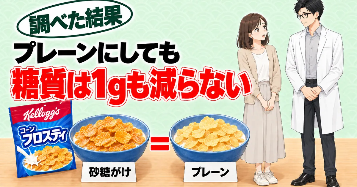砂糖がけのコーンフロスティとプレーンのコーンフレークは糖質がほぼ同じと伝える、ボウル2つとナナとセイジのバナー