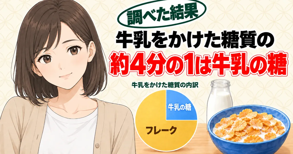 牛乳をかけたコーンフロスティの糖質の約4分の1は牛乳の糖と円グラフで示すナナのバナー
