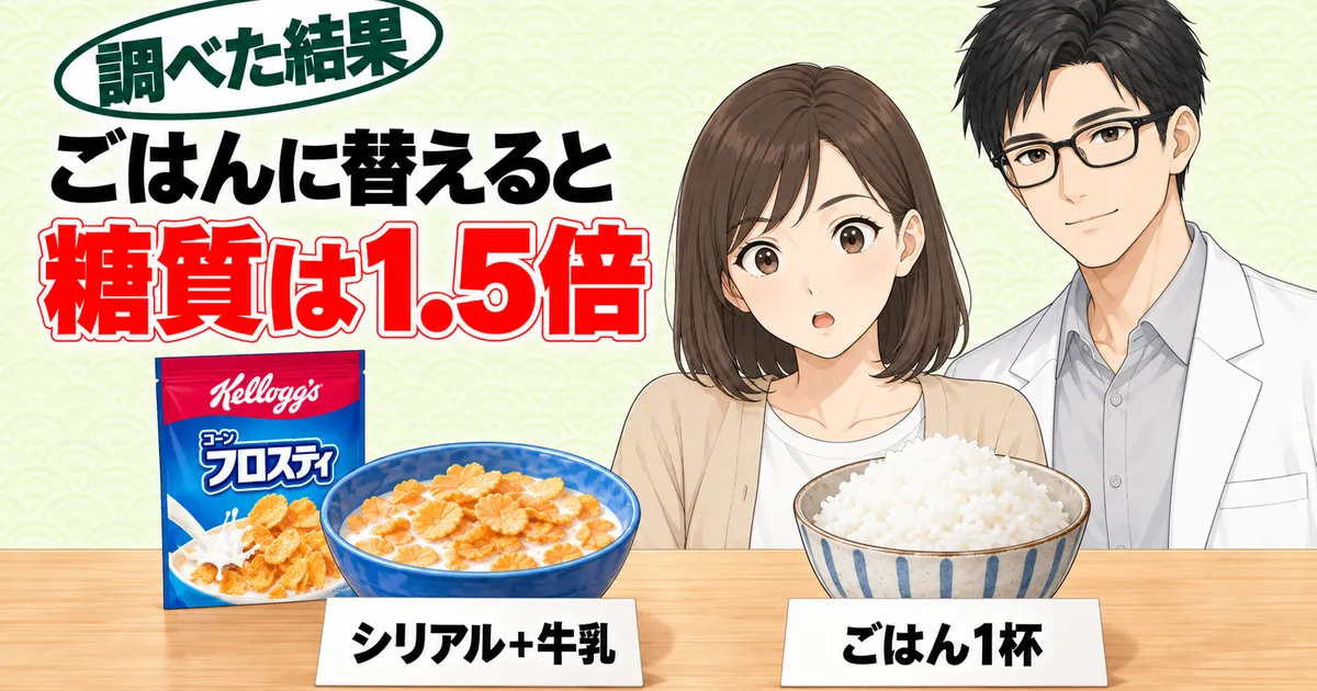 コーンフロスティと牛乳の朝食をごはん1杯に替えると糖質は1.5倍と伝える、驚くナナとセイジのバナー