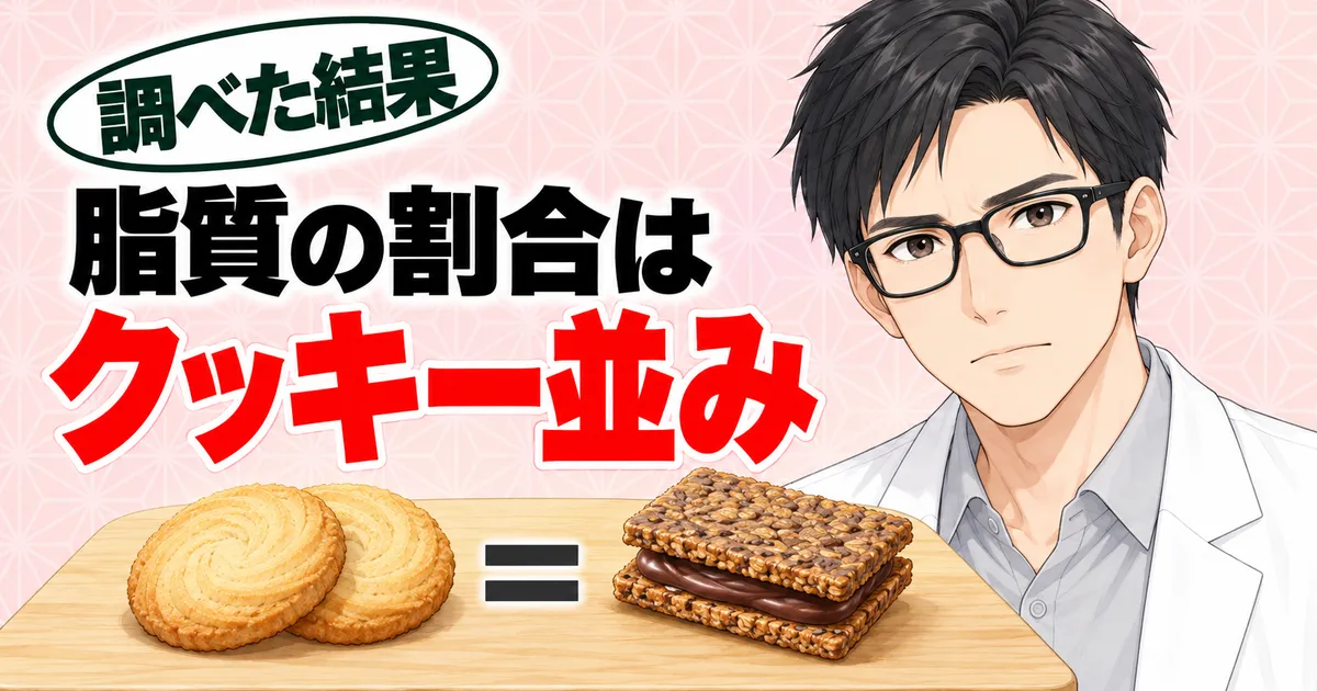 クリーム玄米ブランの脂質の割合はクッキー並み、とクッキーとブランを並べて真剣な顔のセイジのバナー