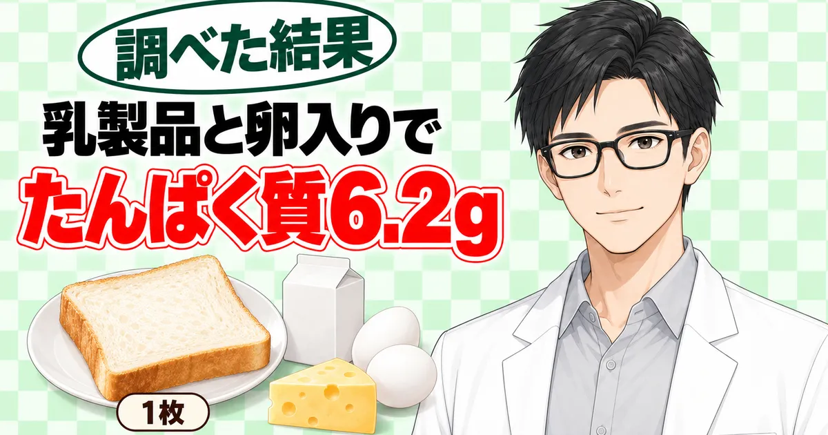 ダブルソフトは乳製品と卵入りでたんぱく質6.2g、と食パンと牛乳・卵・チーズで示すセイジのバナー