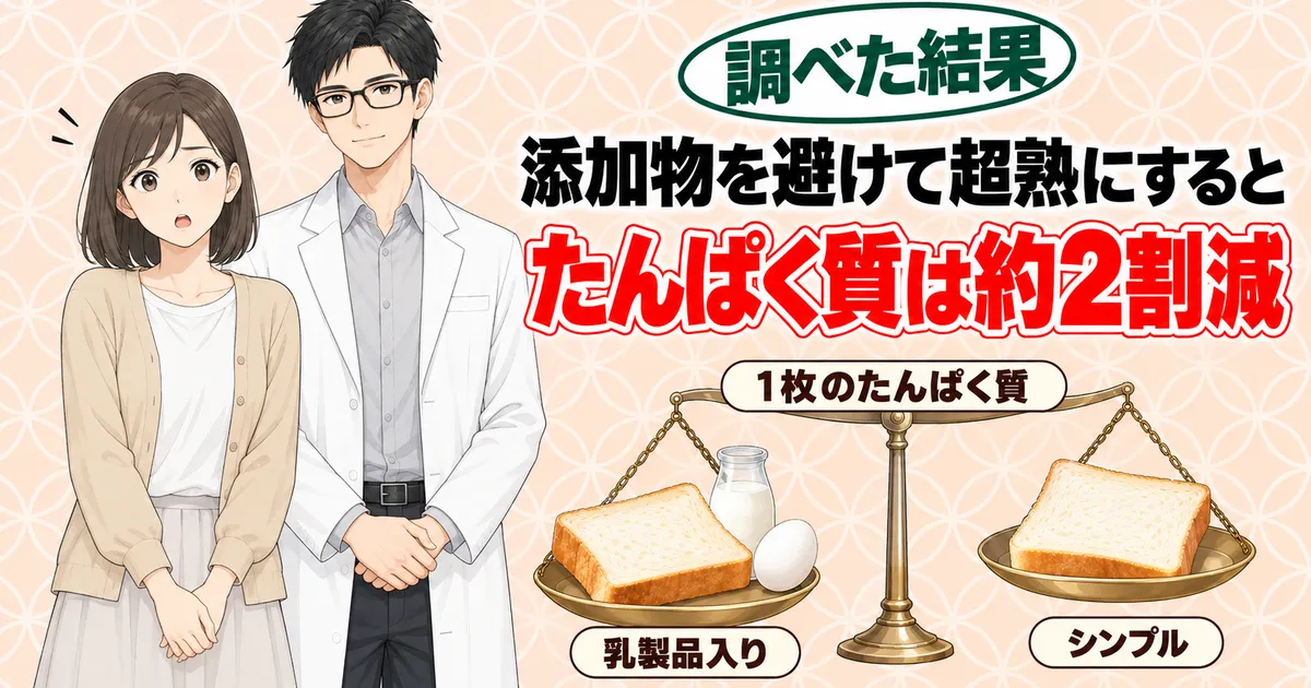 添加物を避けて超熟にするとたんぱく質は約2割減、と天秤で比べるナナとセイジのバナー