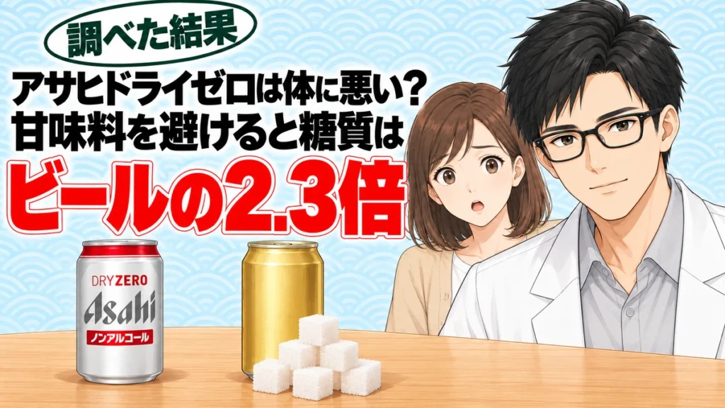 アサヒドライゼロは体に悪い？甘味料を避けると糖質はビールの2.3倍、とドライゼロの缶と角砂糖を前に解説するセイジとナナのアイキャッチ