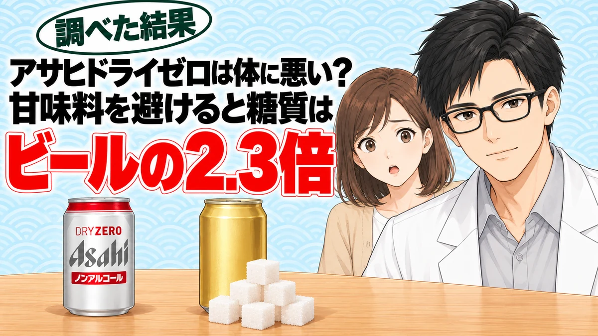 アサヒドライゼロは体に悪い?甘味料を避けると糖質はビールの2.3倍、とドライゼロの缶と角砂糖を前に解説するセイジとナナのアイキャッチ