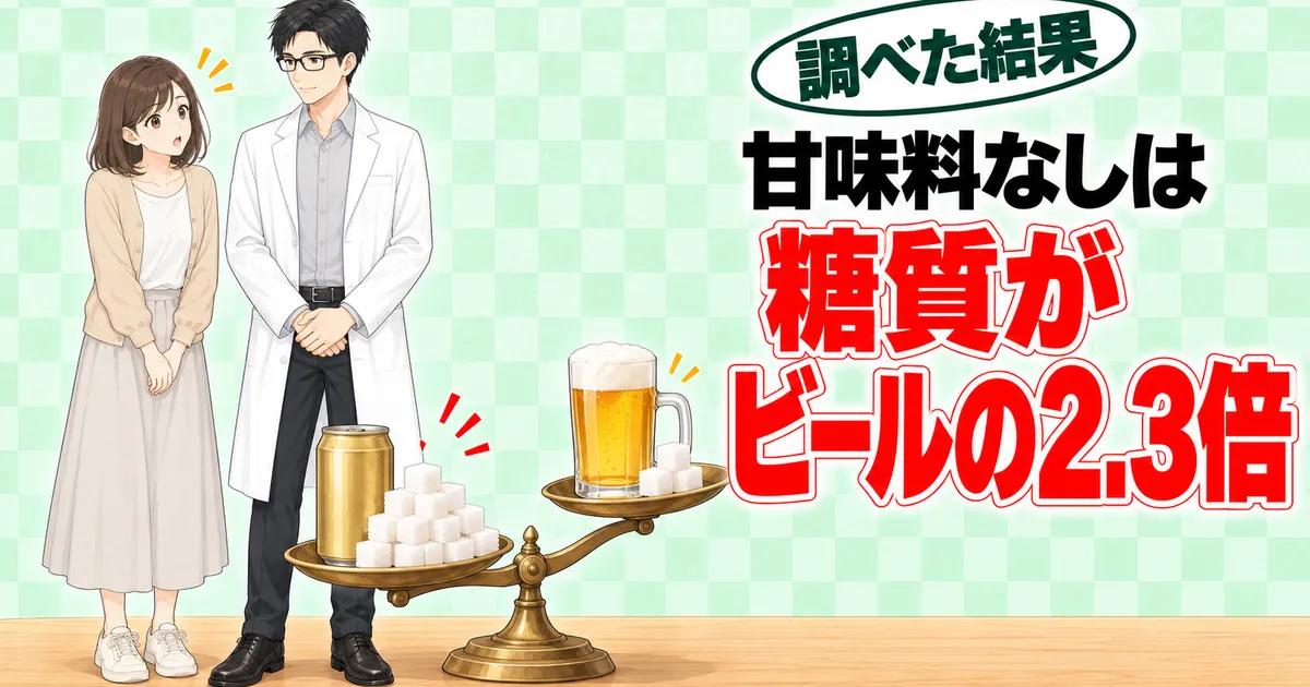 甘味料なしは糖質がビールの2.3倍、と金色の缶と角砂糖の山が下がる天秤を前に驚くナナとセイジのバナー