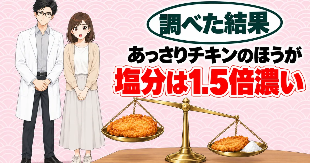 あっさりチキンのほうが塩分は1.5倍濃い、と天びんの前に立つセイジとナナ
