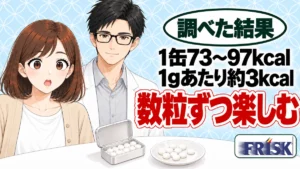 フリスクは1缶73〜97kcal、1gあたり約3kcal、数粒ずつ楽しむ、と白いミントタブレットを前に驚くナナと微笑むセイジのアイキャッチ