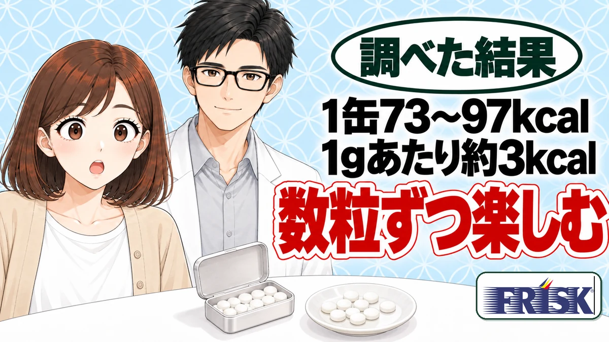 フリスクは1缶73〜97kcal、1gあたり約3kcal、数粒ずつ楽しむ、と白いミントタブレットを前に驚くナナと微笑むセイジのアイキャッチ