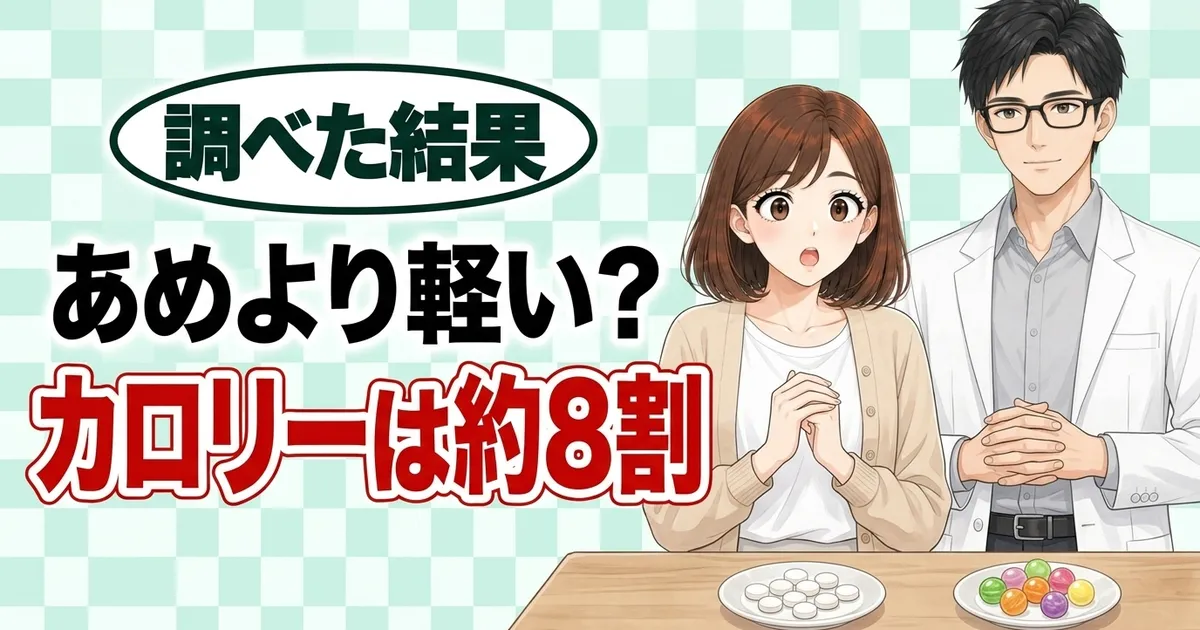 あめより軽い?カロリーは約8割、と驚くナナとセイジ、白い粒とあめ玉のバナー