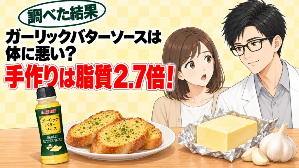 ガーリックバターソースは体に悪い？手作りは脂質2.7倍、とボトルとガーリックトースト、バターのかたまりを前に話すセイジとナナのアイキャッチ