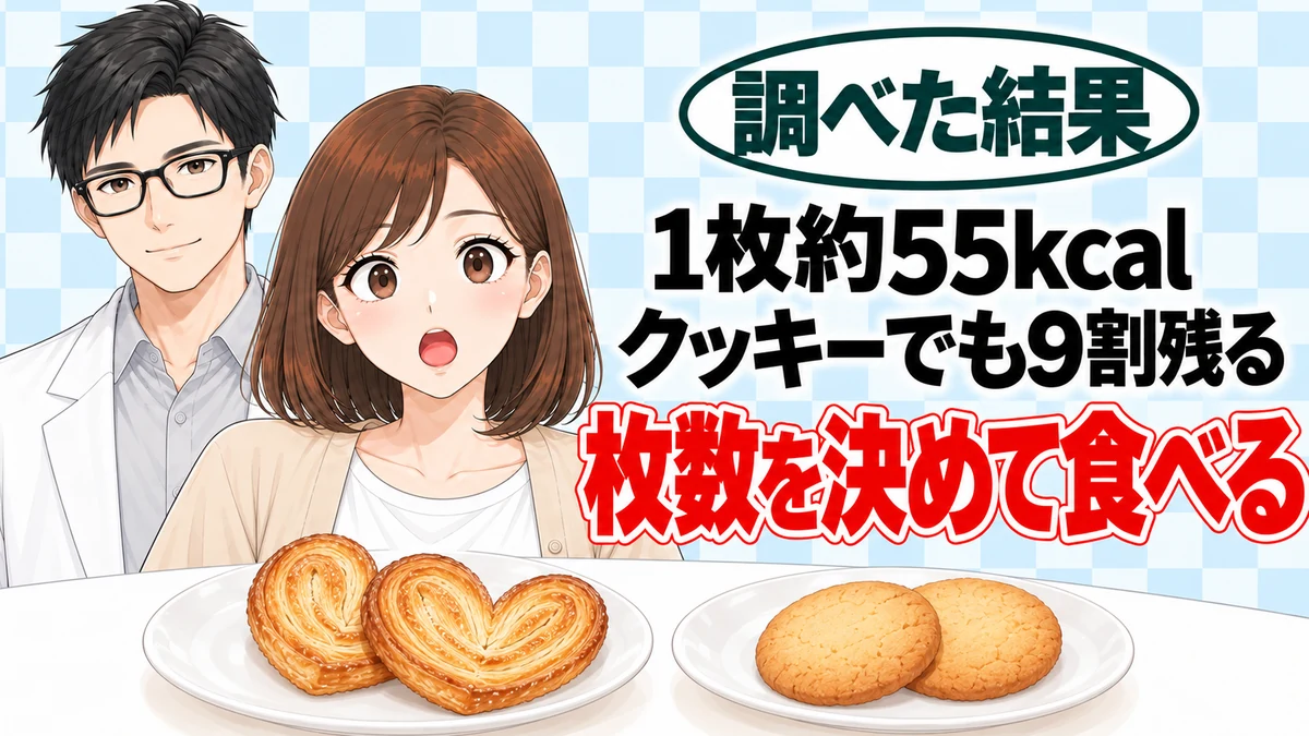 源氏パイのカロリーは？クッキーに替えても9割残る、とハート形のパイとクッキーを前に驚くナナと微笑むセイジのアイキャッチ