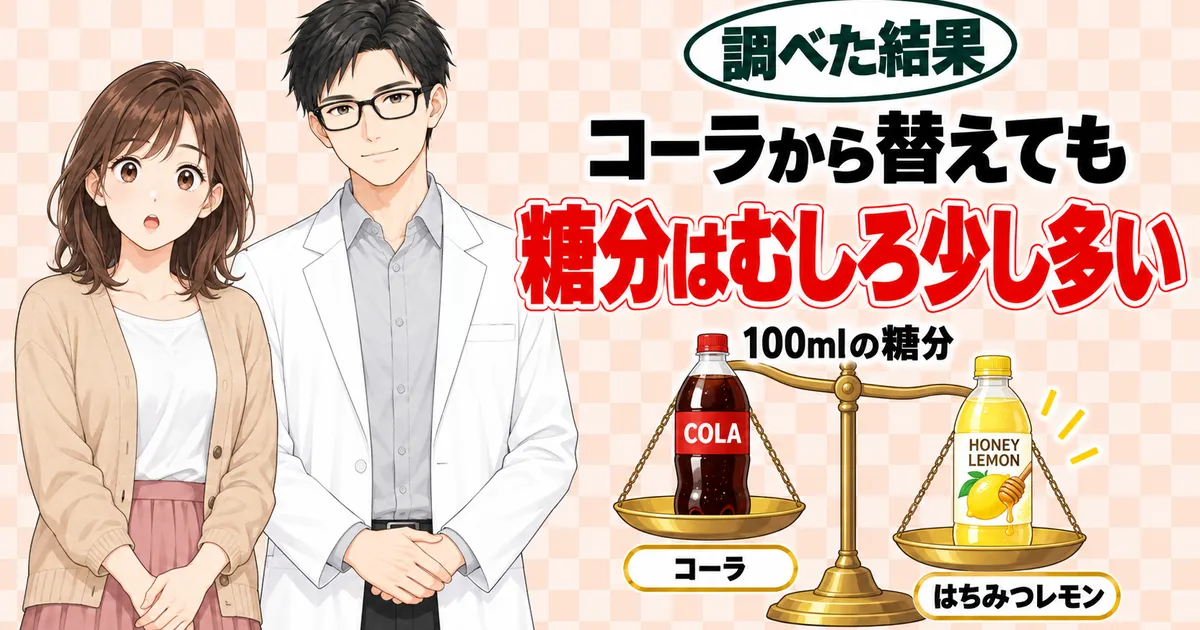 コーラから替えても糖分はむしろ少し多い。COLAとHONEY LEMONの天秤で、はちみつレモン側が少し下がる図と驚くナナ、セイジ