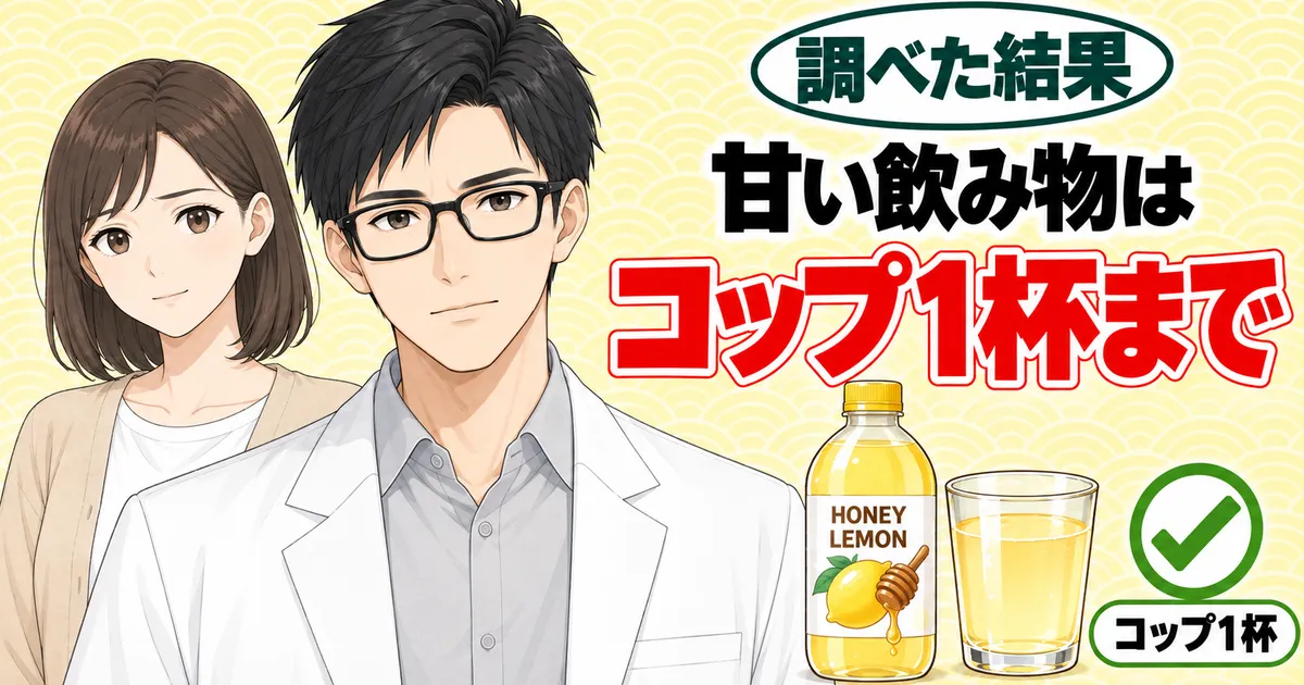 甘い飲み物はコップ1杯まで。HONEY LEMONのボトルとコップ1杯に緑のチェック、セイジとナナ