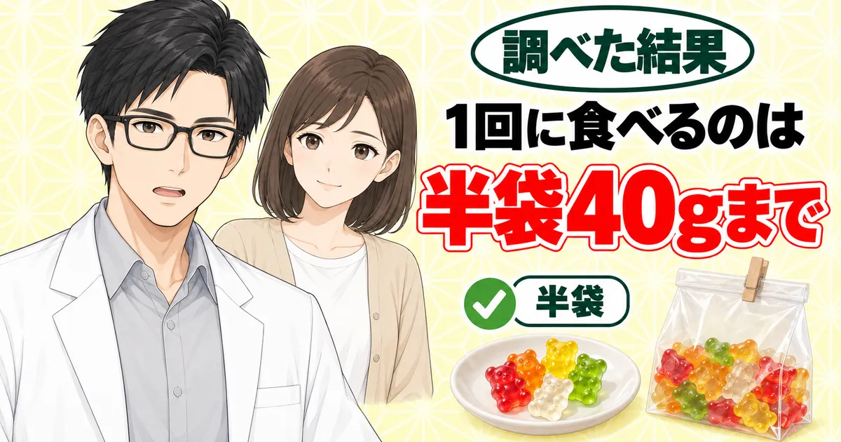 ハリボーを1回に食べるのは半袋40gまで、と小皿と袋で示すセイジとナナのバナー