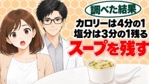 スープはるさめのカロリーは?カップ麺を避けても塩分は3分の1残る、と春雨スープを前に驚くナナと微笑むセイジのアイキャッチ