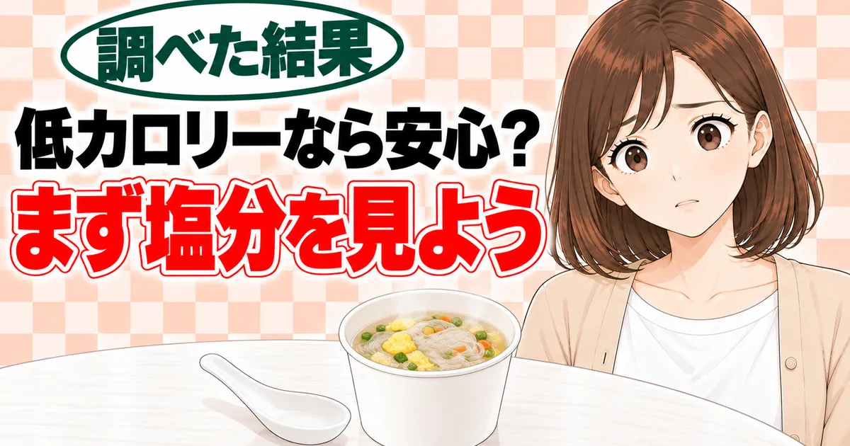 低カロリーなら安心？まず塩分を見よう、と不安そうなナナと春雨スープのバナー