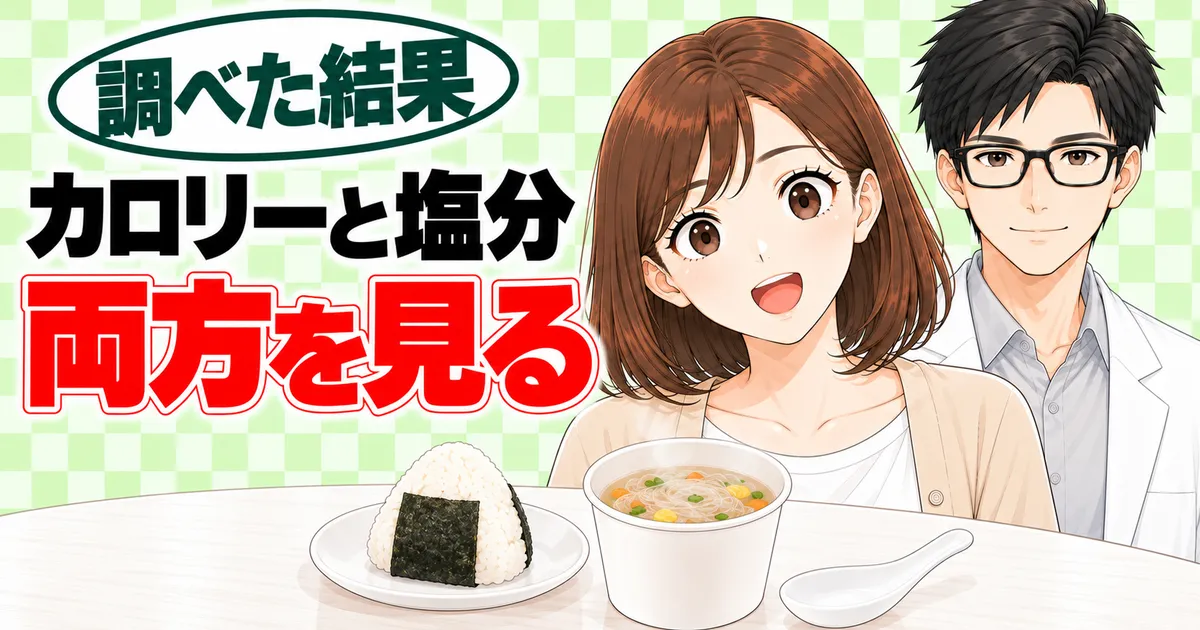 カロリーと塩分の両方を見る、とおにぎりと春雨スープを前に笑顔のナナとセイジのバナー