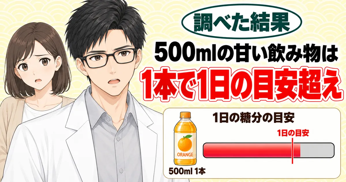 500mlの甘い飲み物は1本で1日の目安超え。糖分の棒メーターが目安の線を越える図と真剣な顔のセイジ
