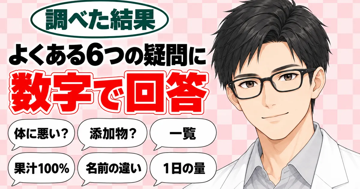よくある6つの疑問に数字で回答。体に悪い？添加物？などの吹き出しと得意げなセイジ