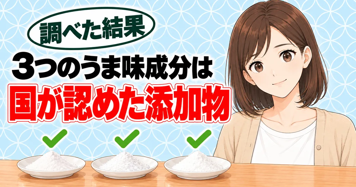 ハイミーの3つのうま味成分は国が認めた添加物、とチェック印の付いた白い粉の小皿を前に笑顔のナナのバナー