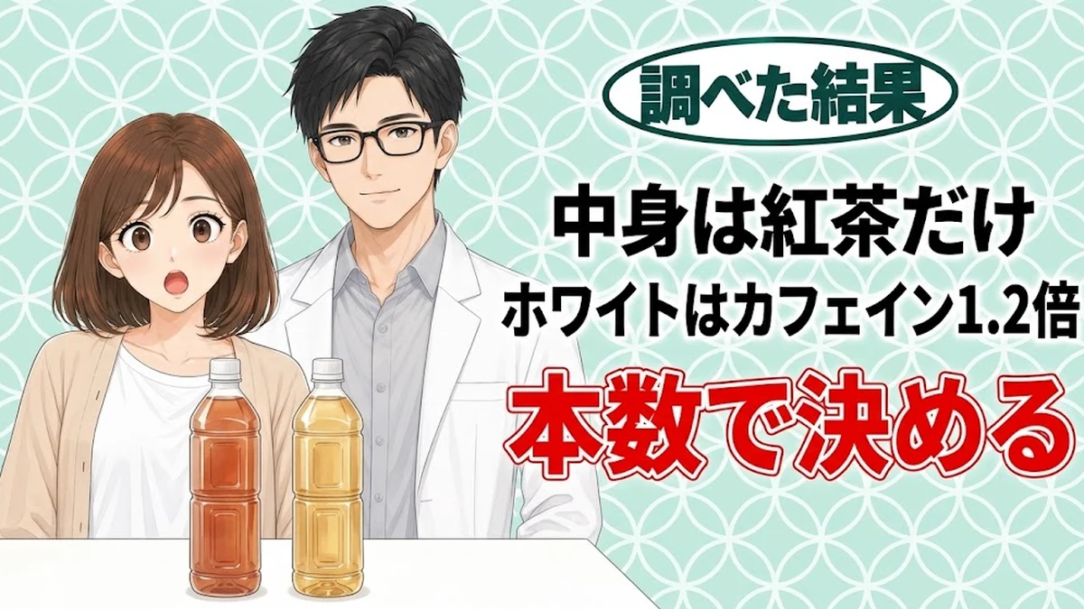 ジャワティーは体に悪い？レッドを避けてホワイトにするとカフェイン1.2倍、と無地の紅茶のペットボトルを前に驚くナナと微笑むセイジのアイキャッチ