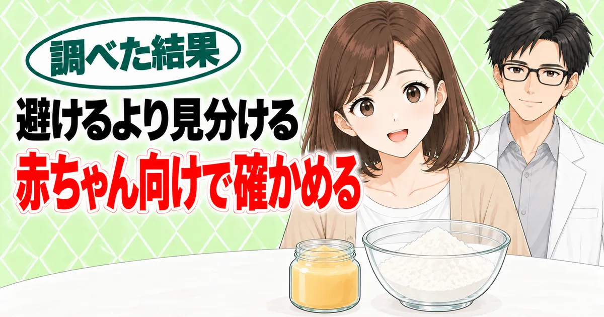加工デンプンは避けるより見分ける、赤ちゃん向けで確かめる、と笑顔のナナとセイジのバナー