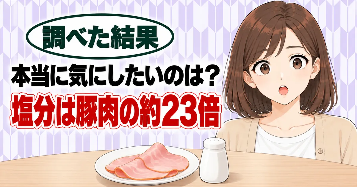 本当に気にしたいのは塩分、ハムの食塩は豚肉の約23倍と驚くナナとハムと塩入れ