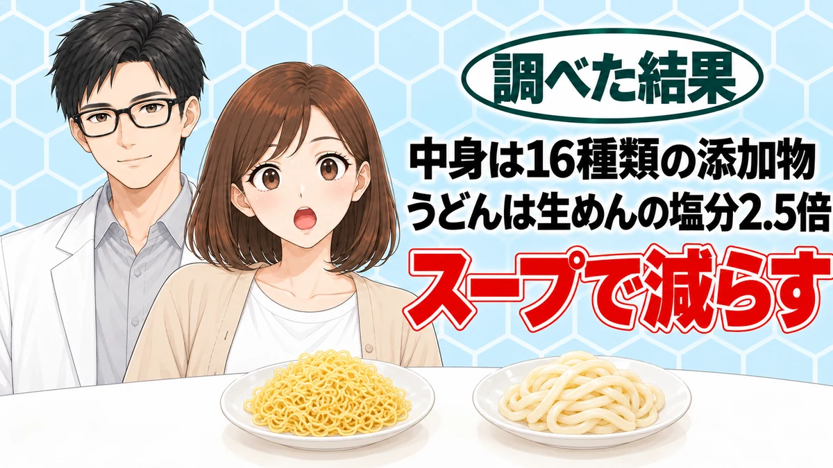 かんすいは体に悪い？避けてうどんにすると生めんの塩分は2.5倍、と中華めんとうどんを前に驚くナナと微笑むセイジのアイキャッチ