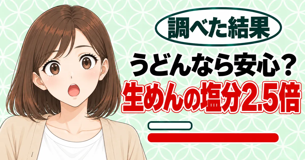 うどんなら安心？生めんの塩分2.5倍、と長さのちがう2本の棒の横で驚くナナのバナー