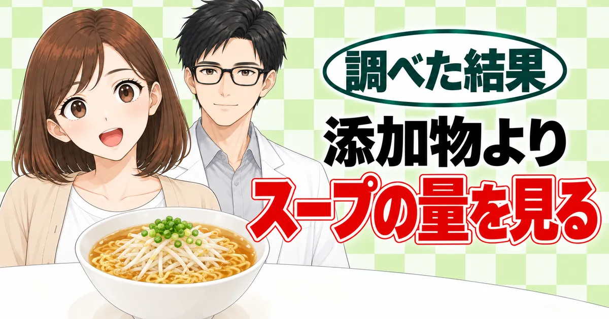 添加物よりスープの量を見る、と野菜をのせたラーメンを前にしたナナとセイジのバナー
