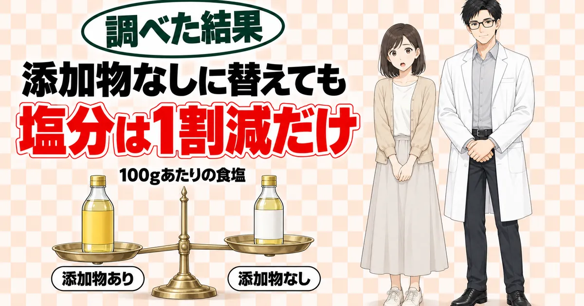 添加物なしに替えても塩分は1割減だけ、100gあたりの食塩の天秤と驚くナナとセイジのバナー
