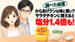 からあげクンは体に悪い？サラダチキンに替えると塩分1.4倍も、とからあげクンの箱・サラダチキン・塩の小皿を前に驚くナナと解説するセイジのアイキャッチ