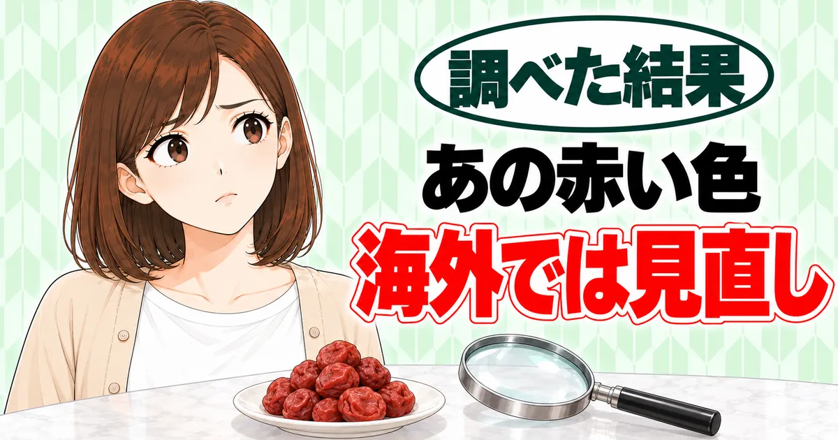 カリカリ梅の添加物のバナー。あの赤い色、海外では見直しと書かれ、梅と虫めがねを前に考えこむナナ