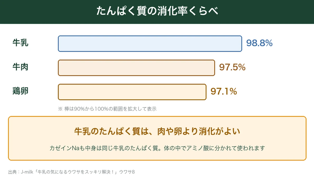 牛乳・牛肉・鶏卵のたんぱく質の消化率の比較