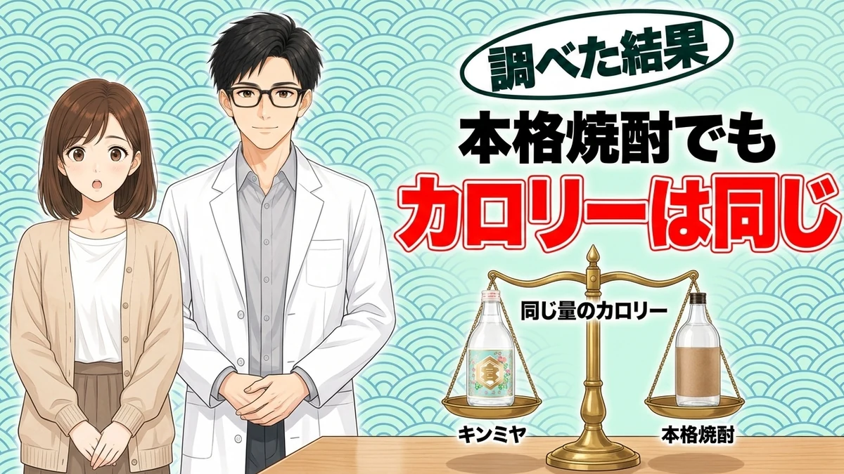 本格焼酎でもカロリーは同じ、と天秤でつり合うキンミヤ焼酎と本格焼酎の瓶を前にしたセイジとナナのバナー