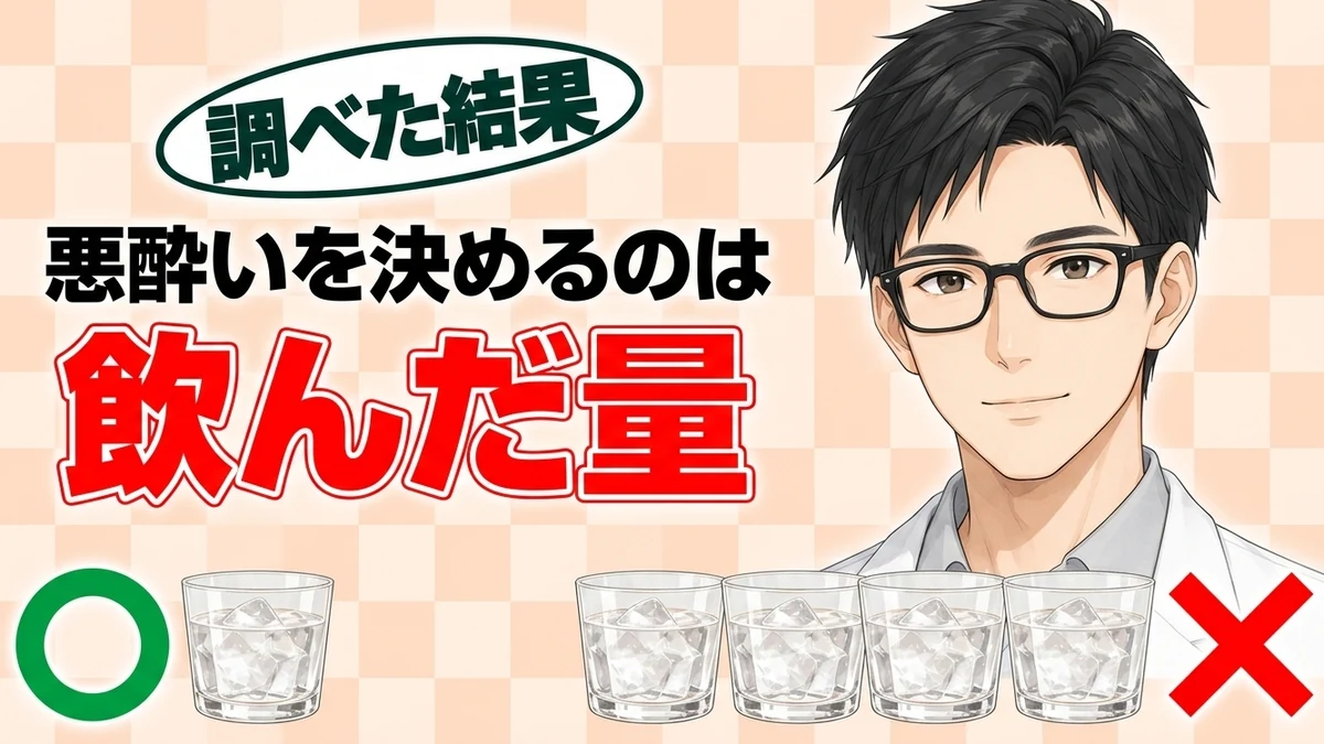 悪酔いを決めるのは飲んだ量、とグラス1杯に丸・並んだグラスにバツを示すセイジのバナー
