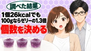 蒟蒻畑のカロリーは?ゼリーを避けて選ぶと100gあたり1.3倍、と紫のこんにゃくゼリーを前に驚くナナと微笑むセイジのアイキャッチ