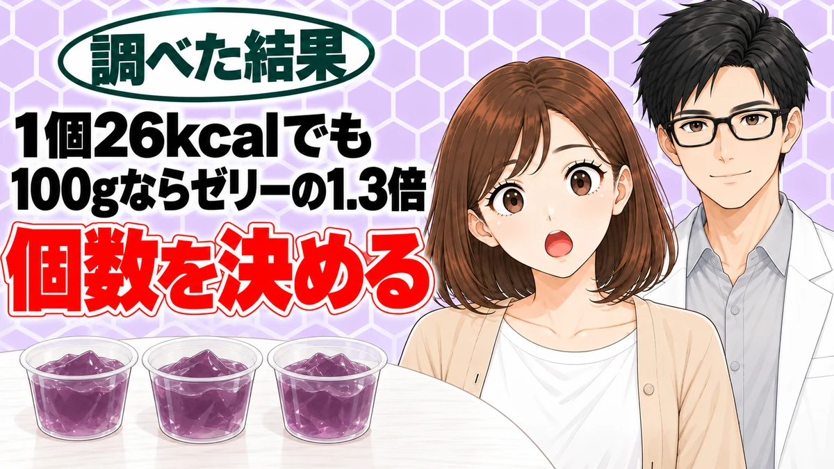 蒟蒻畑のカロリーは？ゼリーを避けて選ぶと100gあたり1.3倍、と紫のこんにゃくゼリーを前に驚くナナと微笑むセイジのアイキャッチ