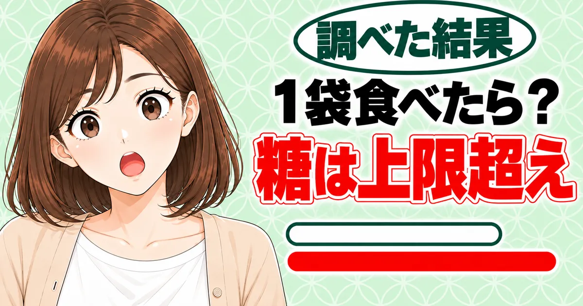 1袋食べたら？糖は上限超え、と上限より少し長い赤い棒に驚くナナのバナー
