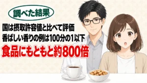香料は体に悪い?香ばしい香りの成分は推定摂取量が許容値の100分の1以下、とコーヒーとナッツを前にしたナナとセイジのアイキャッチ