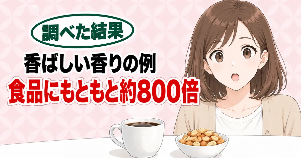 香ばしい香りの例は食品にもともと約800倍、とコーヒーとピーナッツを前に驚くナナのバナー