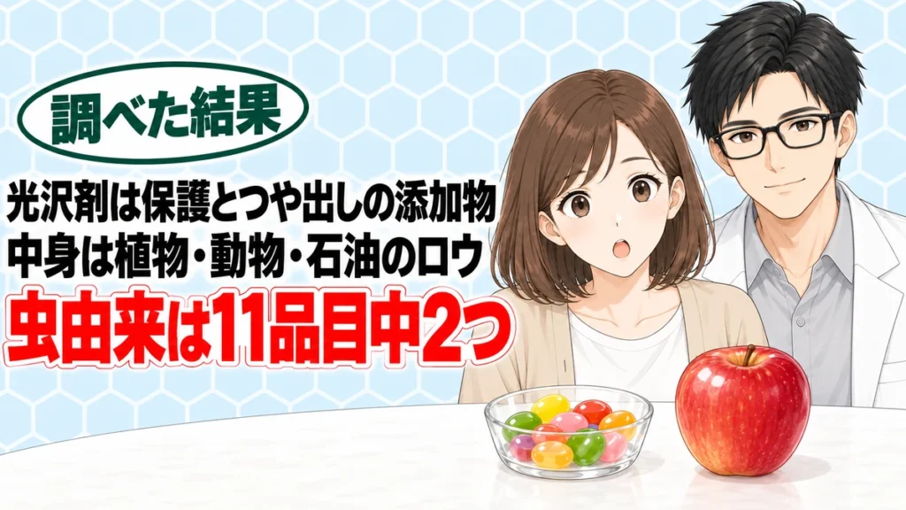光沢剤とは？中身は11種類のロウや樹脂、とつやのあるお菓子を前にしたナナとセイジのアイキャッチ